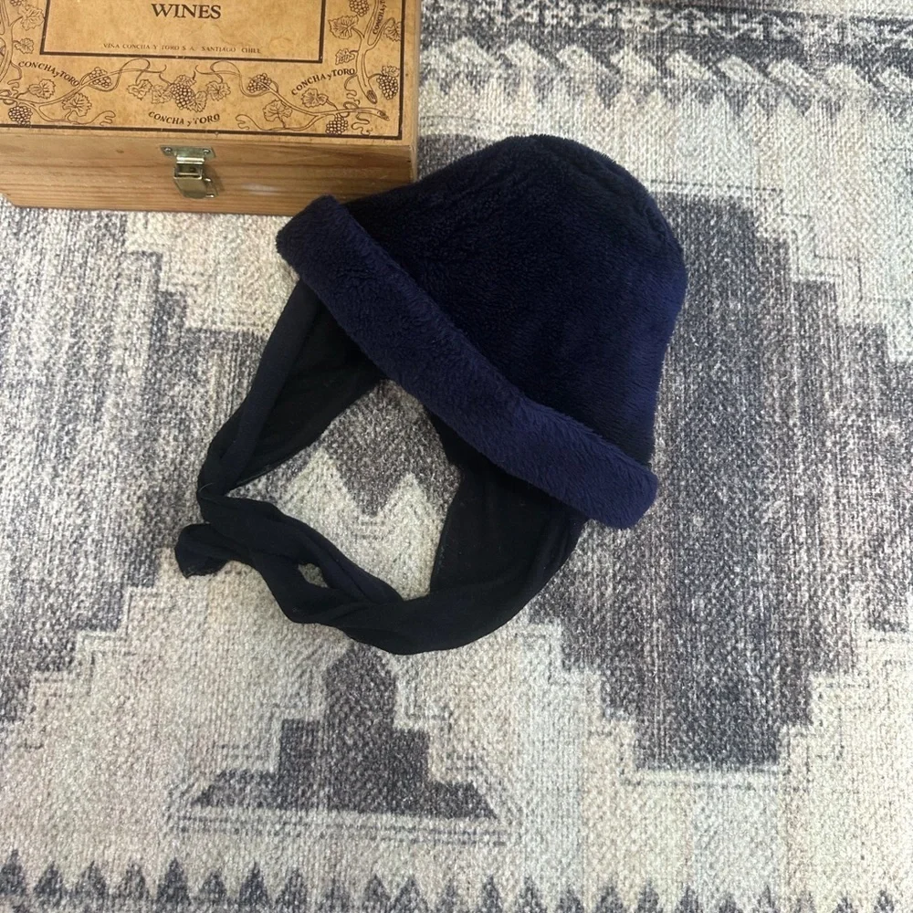 Vintage Women’s Navy Plush Winter Bucket Hat with Ear Protection Scarf Like Ties